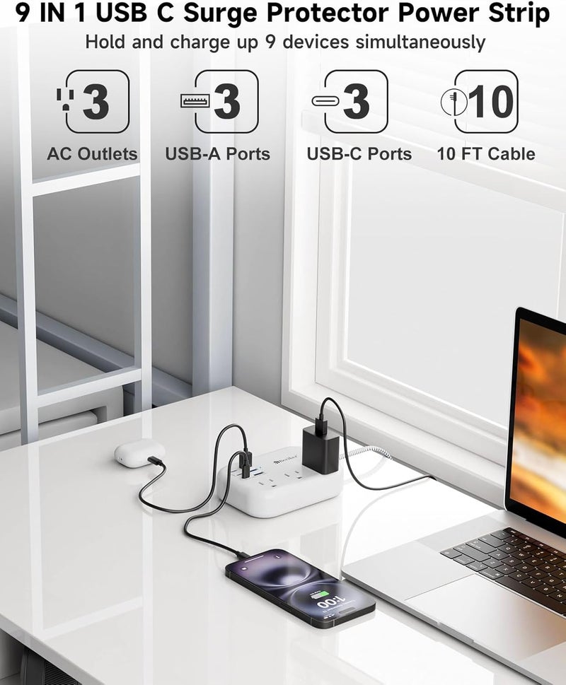 Beeiker 6 USB(3 USB C) Surge Protector Power Strip- Extension Cord 10 Ft with 24W USB Charging Station and 3 Outlets, Flat Plug Long Braided Extension Cord with Multiple Outlets for Home Office College Dorm - Image 4